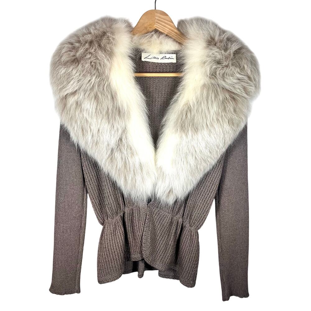 Vintage Lillie Rubin Ribbed Knit Peplum Cardigan Fox Fur Collar Luxury Jacket